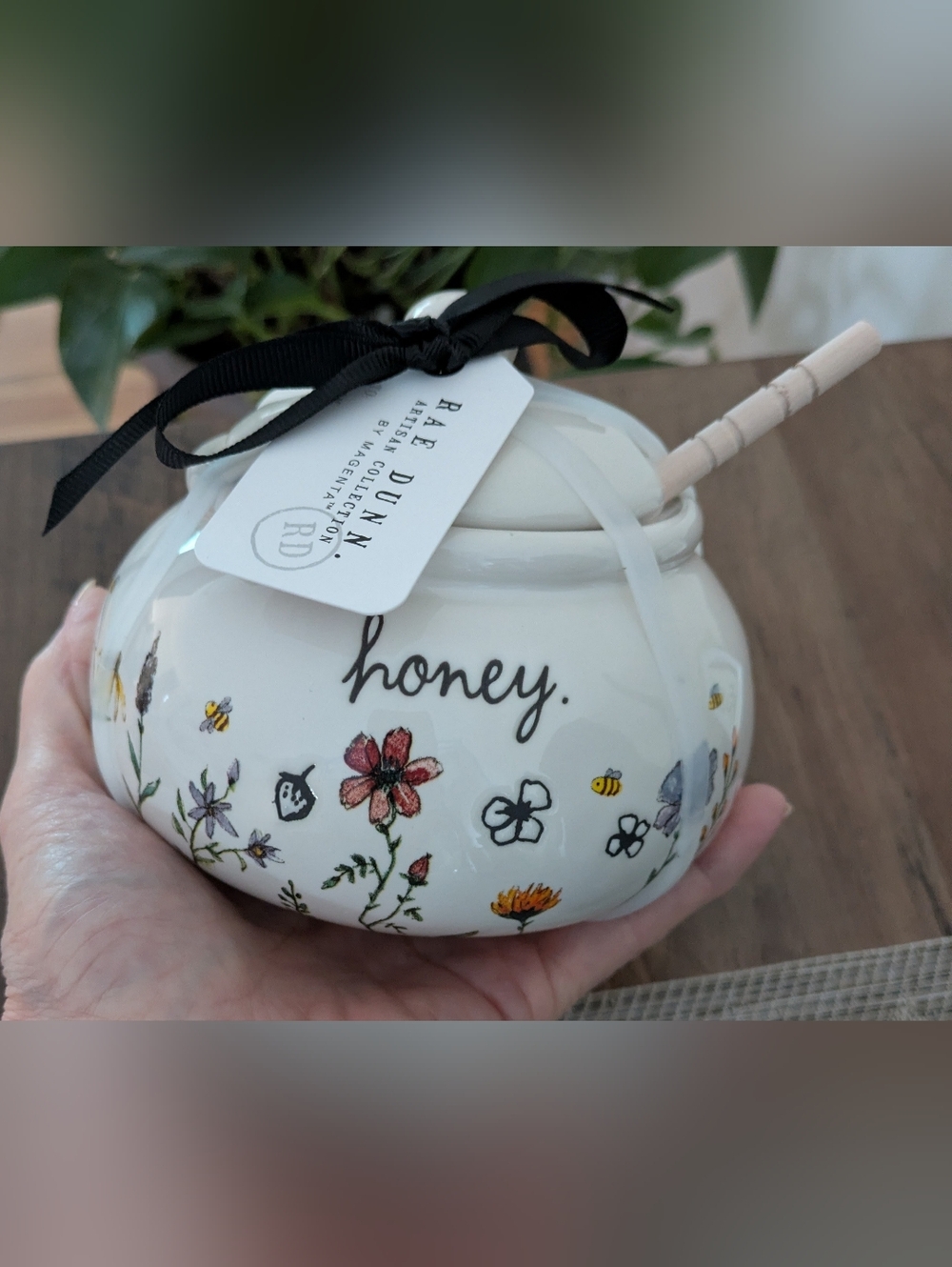 Rae Dunn Ivory Honey Pot with Floral Accents And Wood Honey Dipper NWT